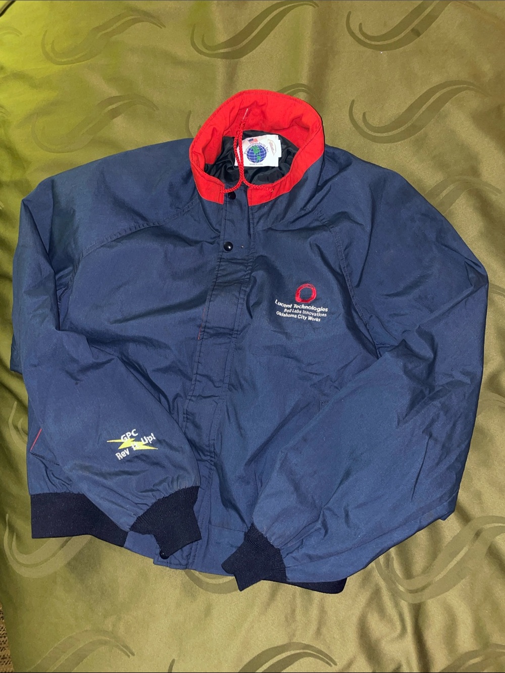 Navy Jacket with Red Collar and Logo Embroidery